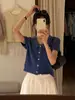 Tops Femininos Curtos de Malha com Listras e Gola de Lapela, Bordados de Flores Azuis, Manga Curta, Ajuste Justo, para Primavera e Verão