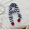 Bufanda de Punto Retro para Mujer Estilo Coreano con Doble Pompón Rayas Horizontales Ambiente Estacional de Alta Gama Bloque de Color Bufanda Cálida para Protección del Cuello