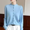 Cardigan de Lana Fina Delgado de Moda y Lujoso con Cuello Alto de Botones para Mujer, Suéter de Punto Gris, Chaqueta Casual, Camisa Base