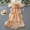 Vestido Floral de Lujo Ligero Estilo Francés con Cinturón para Mujer, Vestido de Hombros Descubiertos con Mangas Largas, con un Ambiente de Alta Gama y Elegante