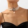 Corea del Sur Vintage Perla Diamante Borla Cadena de Cuello Celebridad Cibernética Sentido del Diseño Elegante Flor Lazo Cadena Clavicular Collar para Mujer