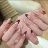 Sensação da Internet na Moda Doce Padrão Diamante Vermelho Gato Francês Unhas Postiças Ponto Vermelho Xadrez Arte de Unha Unhas Postiças Atacado