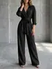 Macacão casual de moda novo, estilo europeu e americano, cor sólida, gola V, manga longa, perna larga, solto, feminino, 2026, transfronteiriço