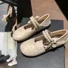 Deslumbrantes Sapatos Mary Jane Femininos Franceses 2026 Outono Novo Sapatilhas com Laço de Pérola Solado Macio Bico Raso Sapatos de Salto Baixo