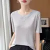 Camiseta versátil de color liso para mujer, de manga corta, ajuste holgado y ceñido, tejido simple de seda de bambú con cuello redondo, top ligero y transpirable para el verano