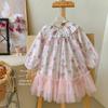 Ropa Infantil Estilo Coreano Colección Primavera 2026 Vestido de Princesa Lindo y Dulce para Niñas Vestido de Malla Floral Elegante para Niños con Cuello Solapa