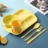 Juego de Seis Piezas de Vajilla Infantil de Paja de Trigo Set de Vajilla Dividida para Cafetería de Jardín de Infancia Tazón Taza Tenedor Cuchara Infantil