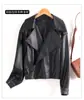 Jaqueta de Pele de Ovelha Estilo Igual para Mulheres, Curta Primavera e Outono Estilo Coreano Biker Cintura Alta Solta Jaqueta de Couro Genuíno Top Tendência