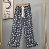 Pantalones de pijama de algodón y seda para mujer, estilo fino de verano, talla grande, pantalones de pierna ancha de cintura alta, adecuados para usar en exteriores, pantalones de playa de seda de algodón artificial, pantalones para casa