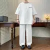 Traje de Seda de Hielo de Cuello Redondo Estilo Hong Kong para Hombre, Nuevo Versátil Casual Holgado Moda de Gama Alta de Manga Corta con Pantalón Largo Conjunto de Dos Piezas para Hombre