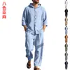 Nuevo producto transfronterizo de Amazon: Camisa de lino de manga larga con capucha para hombre, estilo americano, corte holgado + pantalón largo de corte holgado