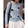 Roupas femininas transfronteiriças 2026 início do outono novo lã moda francesa versátil estampa integral jacquard de gatinho cardigã de tricô gola redonda