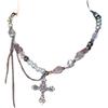 Collar con colgante de cruz de diamantes de estilo europeo y americano, con borlas y cadena de clavícula de perlas, ligero, de lujo y elegante, con diseño de alta costura.