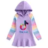2026 Primavera e Outono Novo Algodão Desenho Animado Arco-Íris Vestido de Menina Moletom com Capuz de Manga Comprida Infantil Vestido de Princesa