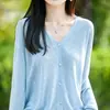Cardigan Minimalista de Tricô Fino de Seda de Gelo com Decote em V para Mulheres, Blusa Solta Azul de Manga Longa para Verão, Camisa para Ar Condicionado
