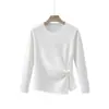 Camiseta corta de mujer, plisada, asimétrica, manga larga, colección otoño 2026 nueva, capa interior holgada, diseño de hombro normal, camiseta básica de moda