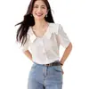 Blusa de Gasa Jacquard Estilo Francés para Mujer, Tallas Grandes, Nuevo Modelo Verano 2026, Inspirada en Chanel, Cuello Elegante de Doble Capa, Blusa Extremadamente Adelgazante