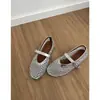 Versión de Piel de Oveja~Zapatos Planos de Malla con Pedrería Estilo Francés de Piel Genuina con Aumento Oculto de Tacón de 4 cm, Zapatos de Ballet Mary Jane con una Sola Correa para Mujer