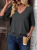 Conjunto de 2 peças Amazon transfronteiriço de blusas femininas de manga três quartos, camisa casual de outono com decote V e amarração frontal