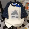 Camiseta de Manga Corta 100% Algodón Puro con Estampado de Estrellas de Longitud Media para Hombre y Mujer, Verano, Corte Holgado, Adelgazante, Versátil, Patchwork, Top Estudiante, Estilo Ins