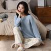 Pijama de Algodão Puro Novo 2025 para Mulheres Primavera e Outono Pulôver Simples Casual Confortável Roupa de Casa Conjunto de Duas Peças Pode Ser Usado Fora