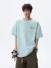 Camiseta masculina de manga curta tie-dye verde escuro bordada, top casual pesado estilo americano de verão com gola redonda, tendência de caimento solto, meia-manga