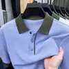 Camisa tipo polo de punto de manga corta de verano transfronteriza para hombre, estilo nuevo con jacquard de color contrastante, botones esmeralda, top cómodo y ligero