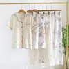 Pijama para Mujer Primavera y Verano Algodón Manga Corta Pantalones Delgado Crepé Cárdigan Puro Algodón Ropa de Casa Conjunto Fresco Primavera y Verano