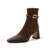 Botines Cortos Elegantes y Sexy Cuadrados Pequeños de Tacón Alto Fino 2024 Otoño e Invierno de Tacón Grueso Piel de Vaca Costura Elástica para Mujer Talla Grande 42