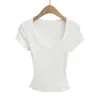 Camiseta de Verano Estilo Puro Deseo Ajustada Cintura de Reloj de Arena Hombro Normal Top Sexy de Manga Corta con Cuello en V Profundo Estilo Chica Caliente Americana para Mujer