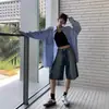 Jeans Lavados Desgastados Retro Azules para Mujer de Verano de Cintura Alta Sueltos Ajustados Rectos Pantalones de Cinco Cuartos Shorts