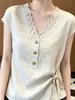 Camisa de encaje patchwork de diseño de nicho de alta gama con cuello en V para mujer, nuevo estilo de verano 2026, camisa única para mujeres petite