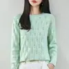Suéter de punto de algodón puro estilo francés con crochet calado y cuello redondo para mujer, top holgado y suave, jersey suave, capa base