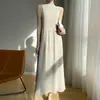 Estilo Nuevo Primavera y Verano Cuello Semi Alto Sin Mangas Ceñido a la Cintura Color Sólido Adelgazante Para el Trabajo Seda Helada Con Cuentas Delgado Vestido Largo Hasta la Rodilla para Mujer