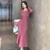 Comercio Exterior Ropa de Mujer Toma Real Otoño e Invierno Pequeño Vestido de Punto para Mujer Falda Midi de Línea A Vestido Suéter Ceñido a la Cintura