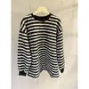 Moletom Listrado Color-Block Estilo Larga Preguiçoso para Mulheres, Novo Versátil Casual Fleece Dupla Face Grosso Manga Longa Top Moletom da Moda