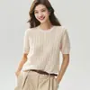 %Caxemira%Seda de Amora~Suéter Macio de Tricô Manga Curta Feminino Gola Redonda Manga Meia Manga com Design de Tricô Trançado