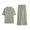 Ropa Casual de Verano para Hombre, 100% Algodón, Ropa para Estar en Casa, con Cuello de Solapa, Cardigan Delgado, Pijama de Manga Corta y Pantalón Largo