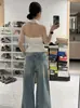 Novos jeans femininos de outono de cintura alta, modeladores, perna reta, compridos até o chão, rasgados, perna larga, estilo retrô americano