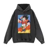Sudadera con capucha retro desgastada con estampado floral negro, corte extragrande, unisex, suéter casual estilo anime