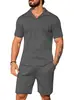Verano Nuevo Estilo Transfronterizo Conjunto de Punto Casual para Hombre Camisa Polo Manga Corta Pantalones Cortos Cuadros Color Sólido Rayas