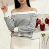 Top de punto a rayas de manga larga de un solo hombro estilo coreano perezoso para mujer, nuevo, primavera/otoño, puro deseo, chic, versátil, blanco