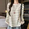 K2399 Camiseta Básica Rayada Casual Holgada de Cuello Redondo para Mujer, Versátil Camiseta de Manga Larga Cepillada Estilo Coreano para Principio de Otoño e Invierno