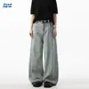 Calça Jeans Bordada com Cachorro Divertido Americano para Homens e Mulheres Primavera & Outono Cleanfit Lavada Casual Calça de Casal Wide-Leg