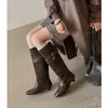 Botas de Cano Alto Meilade Vintage Retro com Fivela Salto Grosso Bico Fino Femininas Botas de Equitação Couro Bovino Genuíno