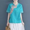 Verão Nova Solta Gola Redonda Color-block Botão Retro Algodão Manga Curta T-shirt Étnica Bordada Algodão e Linho Camisa para Mulheres
