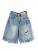 Shorts de Mezclilla Vintage Rasgados de Cintura Alta Pierna Ancha para Mujer, Verano Azul Claro Sueltos Adelgazantes Casuales Rectos de Longitud Media