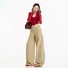 Pantalones casuales para mujer, pantalones de traje holgados de pierna ancha, pantalones negros retro americanos, pantalones plisados negros extendidos caqui