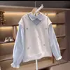 Sudadera de Otoño para Niñas a la Moda y con Estilo con Lazo Camisa para Niñas Medianas y Grandes Cuello Camisero Pulóver Falso de Dos Piezas Ropa para Niños