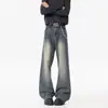 Calça jeans Scimitar com estampa de bambu, lavagem especial para homens e mulheres, estilo americano casual, corte reto e moderno.